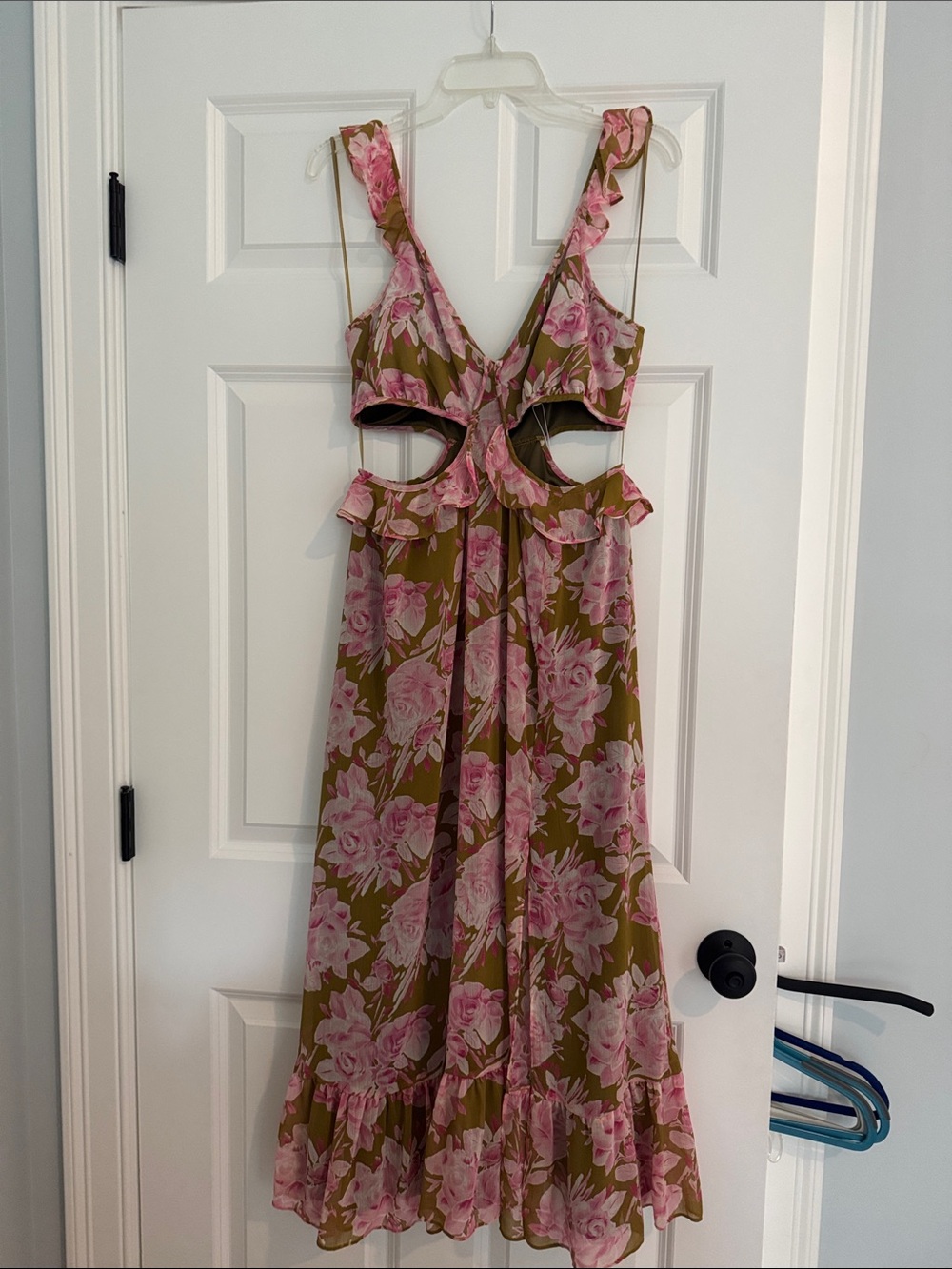 Likely Olive Midi Dress with Pink Floral Print & Cutout Details